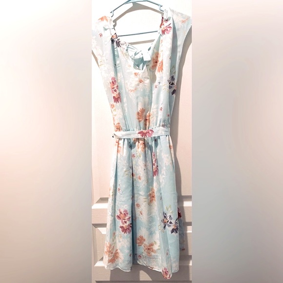Lauren Conrad Aqua Floral Pleat Neck A-line Mini Dress Waist Tie Back Neck Tie - Picture 6 of 8